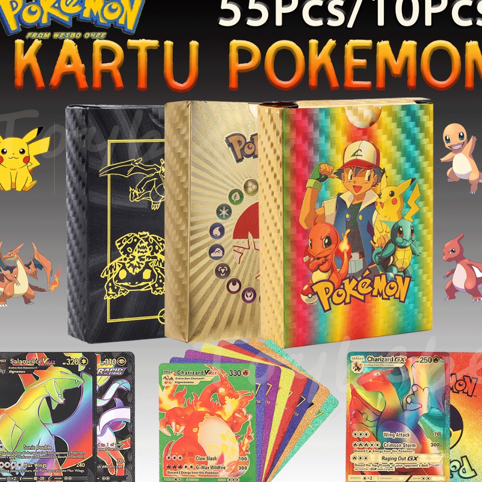 HOT [Ready]ORI Kartu Pokemon Go Pikachu Charizard 10pcs Bahan Metal Warna Emas Silver Bahasa Inggris
