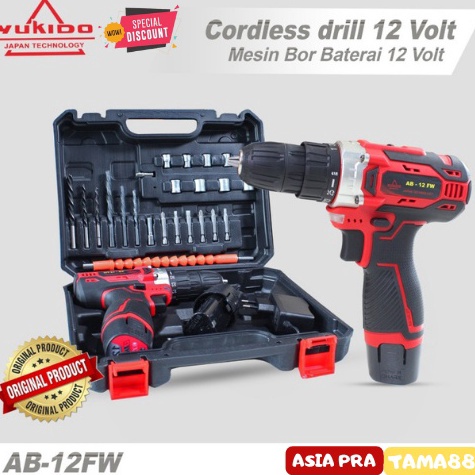 Terpercaya.. 100%( ORI )YUKIDO Red 12V 36V  Mesin Bor Cordless bor listrik 2 baterai set - 12V  1Bat