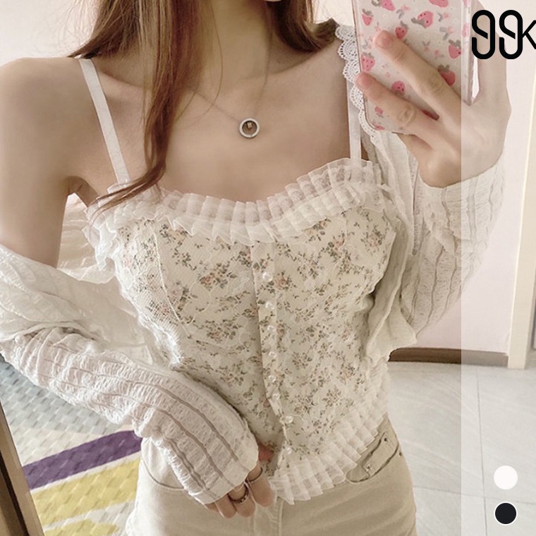 REKOMENDASI. Korean Lace Pearl Floral Tank Top Atasan Wanita All Size 2489