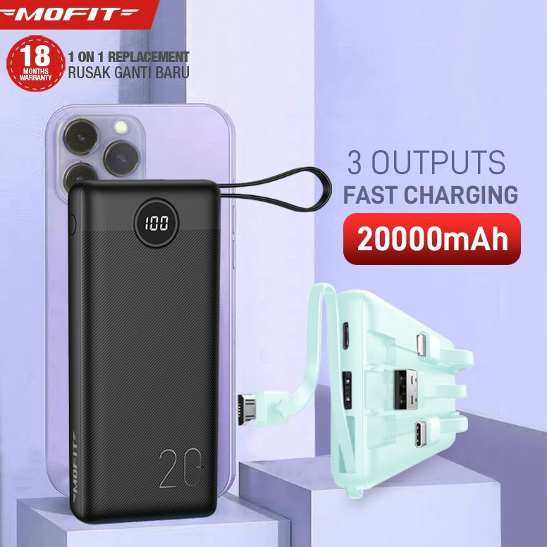 REKOMENDASI. ( HANYA DI SHOPEE ) Powerbank MOFIT M26 20000mAh Build in Cable + Fast Charge 2.4A Real