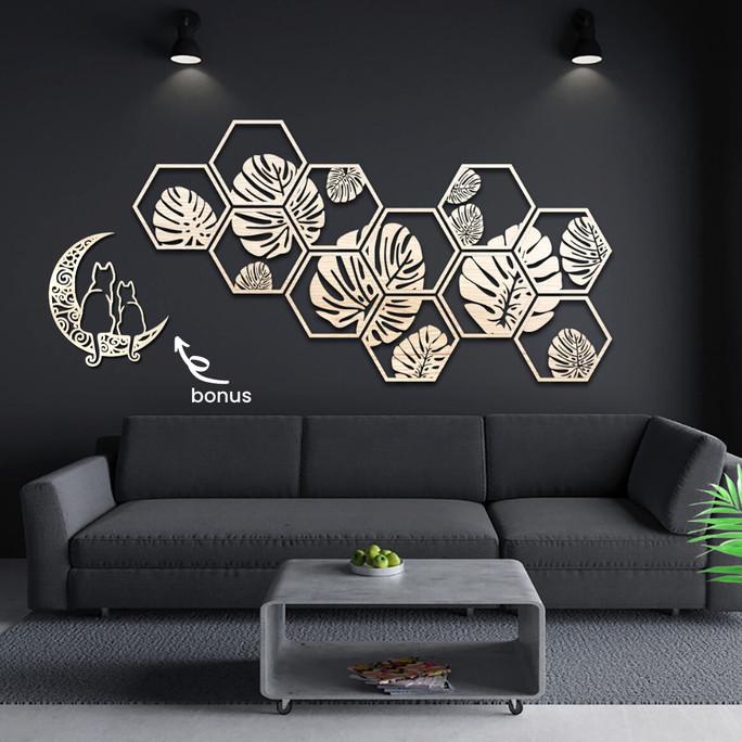 Dekorasi Dinding Kayu Classic Monstera Hexagonal 1.4m Hiasan Ruang