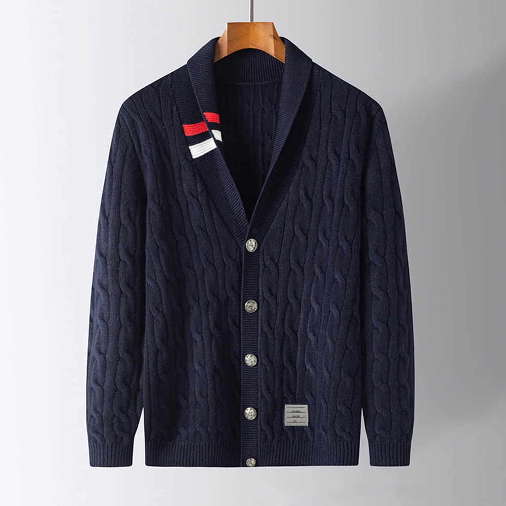 ❤Mens Cardigan Luxury TB Fashion Brand Thom Sweaters Thickened Warm V-Neck Striped Clothing Casual M