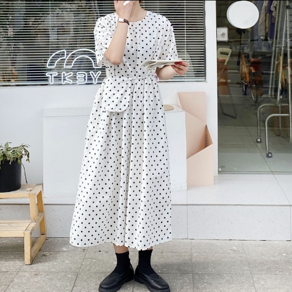 DRESS KATUN POPLIN PREMIUM PUTIH POLKA DOT HITAM KOREA IMPORT