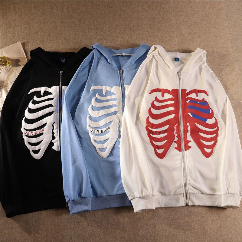 ❤American Fashion Hot-selling Skeleton Printing Anime Men Women Long-sleeved Zipper Hoodie Jacket Lo