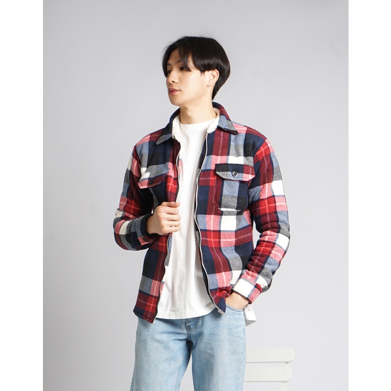 HARGA TERMURAH. Plaid Sherpa Jacket Red - Jaket Trucker Pria