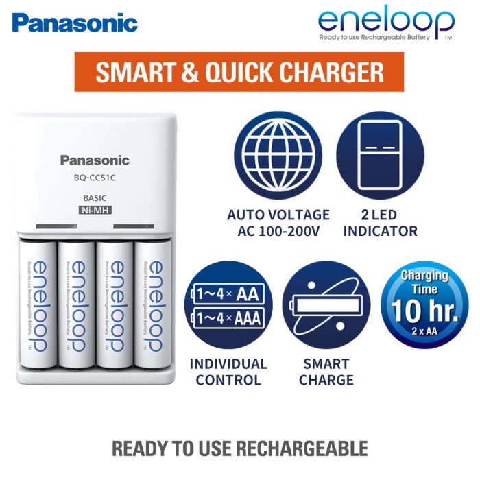 Ready Charger Baterai Panasonic eneloop + Baterai AA 4pcs, Charger eneloop