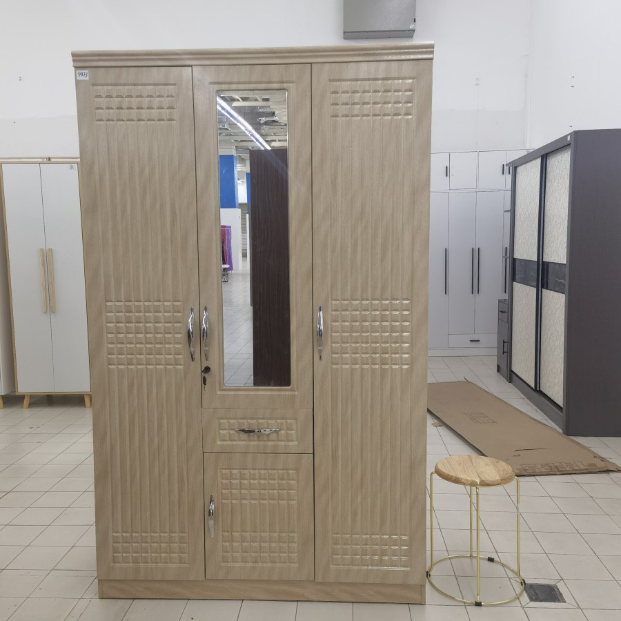 Lemari Pakaian 3 Pintu Dengan Kaca Motif Kotak Lemari Laci Cream Minimalis Modern 9873