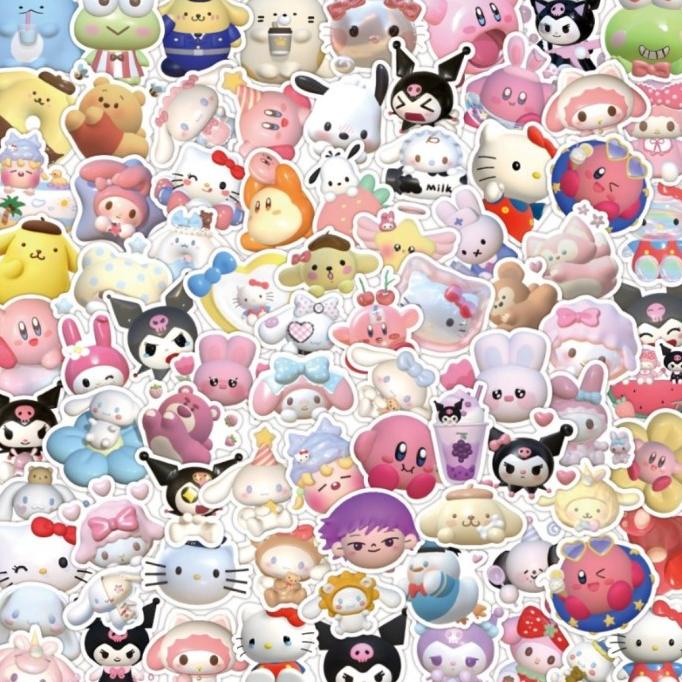 

New 60 Pcs Sticker 3D Hello Kitty Kirby Kuromi Cinnamorrol Stiker Anti Air