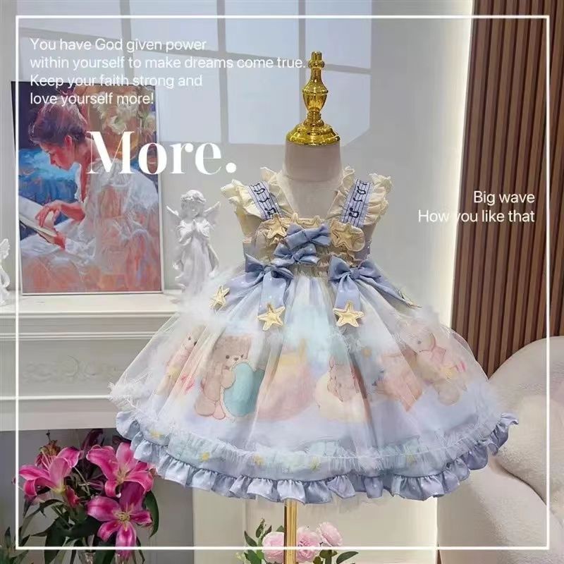 Anak Putri Lolita Gaun Perempuan Suspender Gaun Musim Panas Bayi Lolita Rok Berbintang Gaun Ulang Ta
