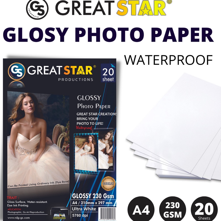 

៚ D 6288 Glosy photo Paper/KERTAS FOTO great star 230 gsm A4/20 TERMURAH ®