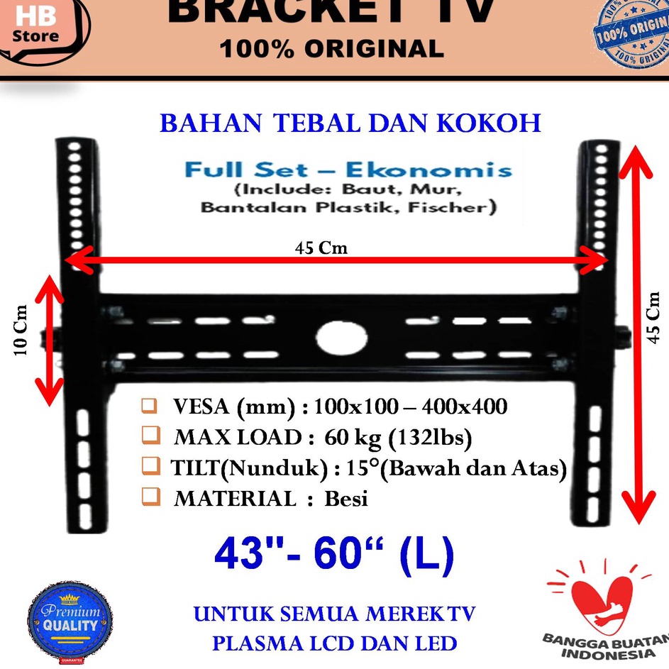 ❂KDy Bracket monitor tv LCD LED PLASMA 43 45 50 55 60 65 inch  Bahan tebal ✦ ✹