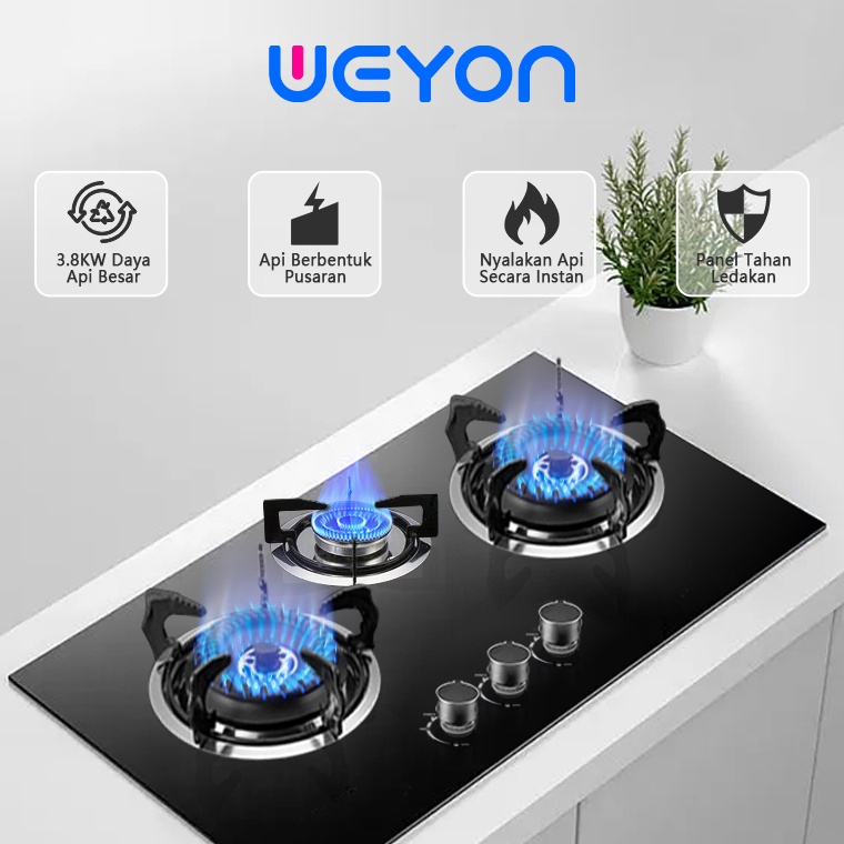 READY. Weyon Kompor 3 Tungku Rumah Tangga Tertanam Panel Kaca Tempered Penyesuaian Gigi ( sudah safe