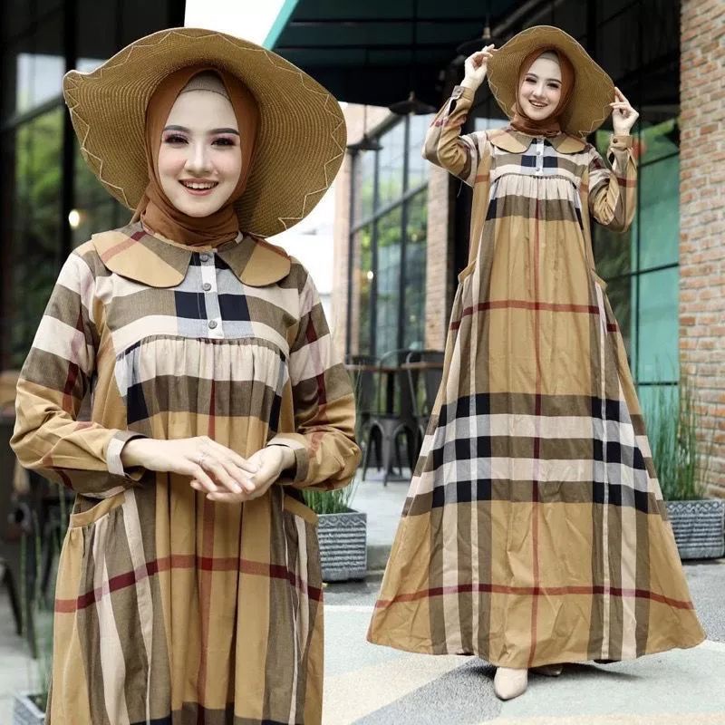 Gamis Burberry Krah Shanghai Motif Kotak Kotak Premium Original Kacimos |Gamis Premium High Quality 