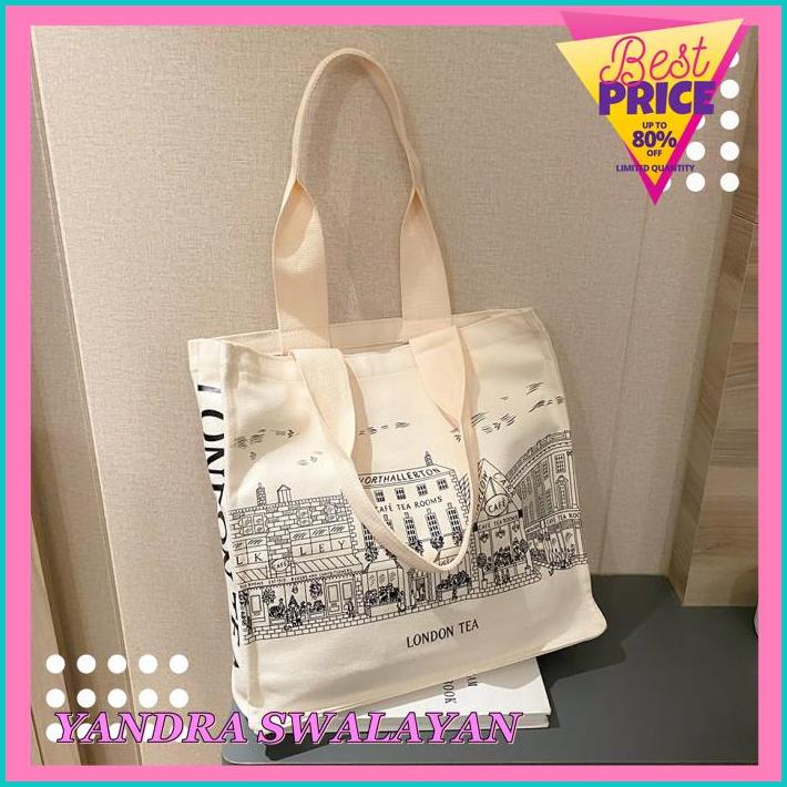 TAS TOTE BAG KANVAS WANITA LONDON TEA WARNA PUTIH GADING TERHITS