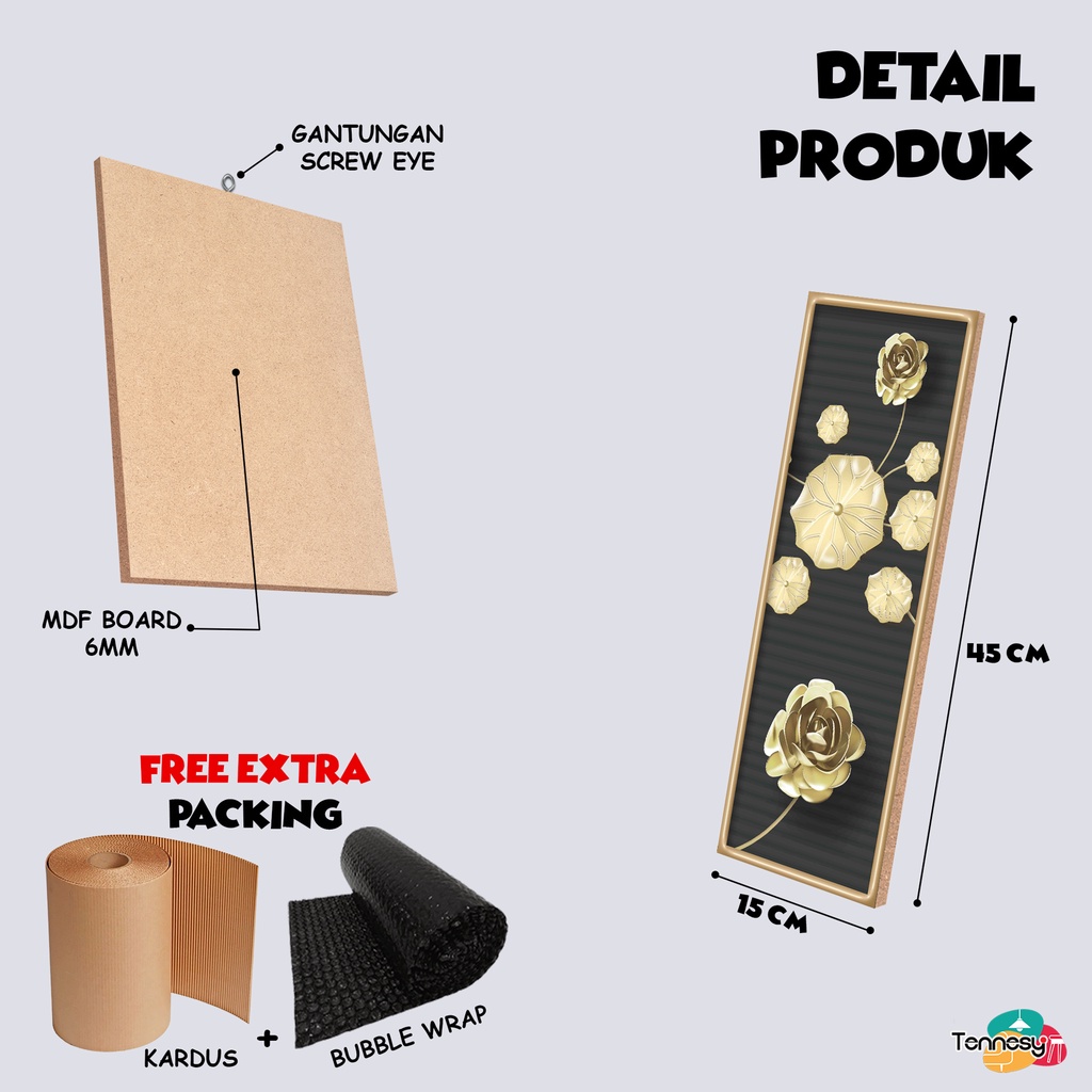 TENNESY Hiasan Dinding Bunga Frame Gold Bunga Emas Set 4 Panel Besar Dekorasi Dinding Kamar Tidur Pajangan Kayu Poster Dekorasi Rumah