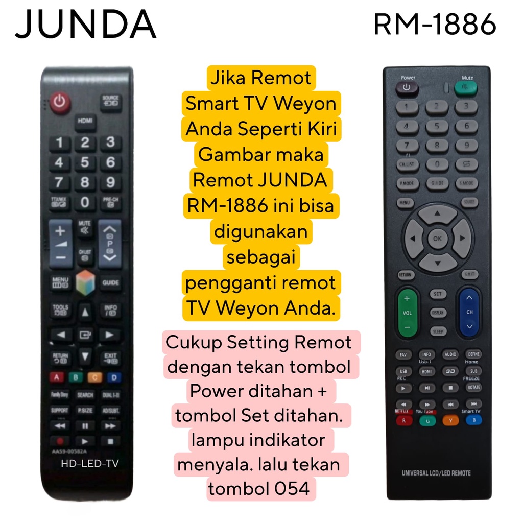 REMOTE LED TV UNIVERSAL BERBAGAI MEREK  REMOTE SMART TV UNIVERSAL JUNDA RM-1886