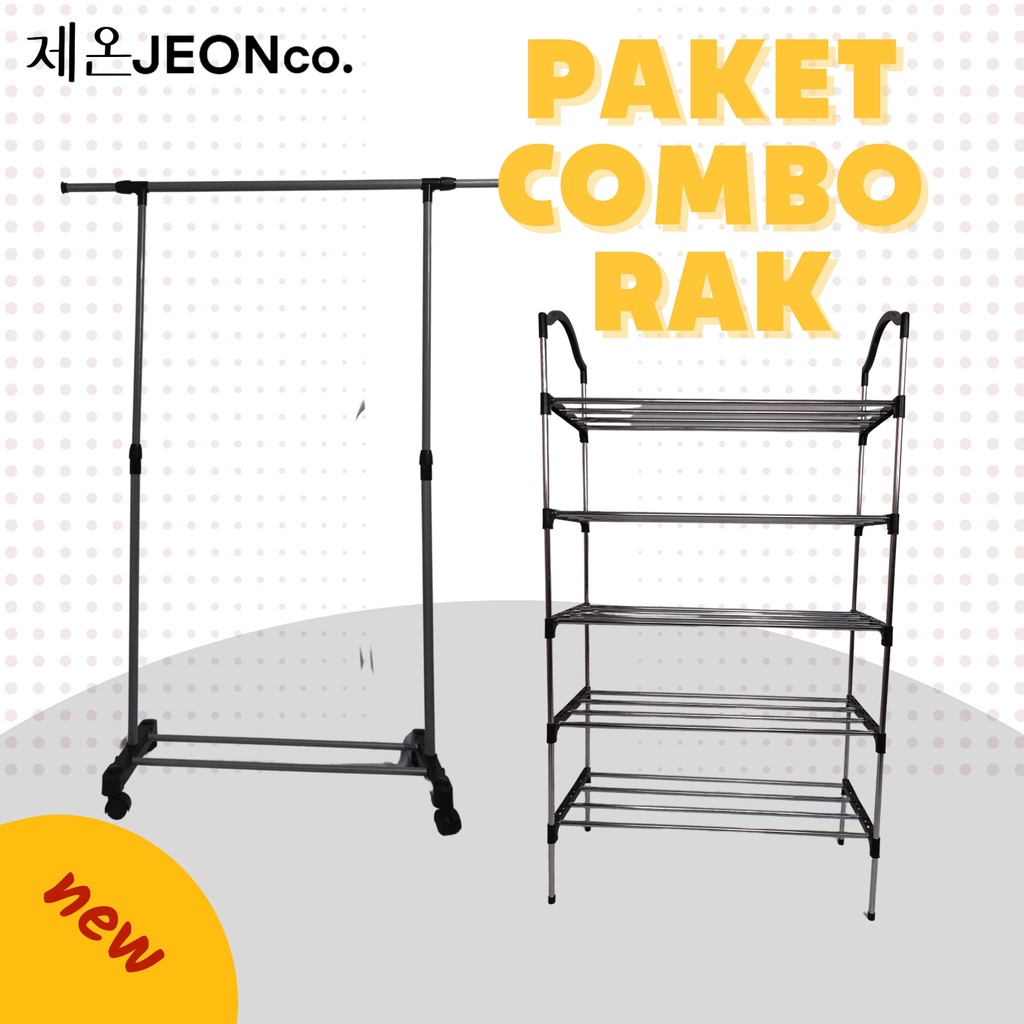 Paket Combo Rak Sepatu Besar Hitam 5susun Portable Plastik/Besi Multifungsi Tempat Sepatu Sandal Simple Murah + Double Rod  Gantung 2 Lapis Dan Single Rod Shoes Rak Serbaguna Baju Gantungan Roda Laundry Pajangan Display Stand Hanger