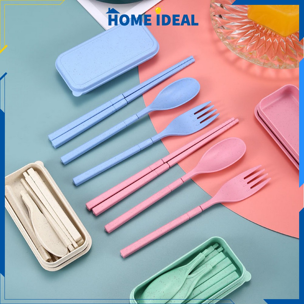Alat Makan Sendok Garpu Sumpit Lipat 3in1 Portable / Sendok Korea Bahan Jerami Gandum Travel Cutlery