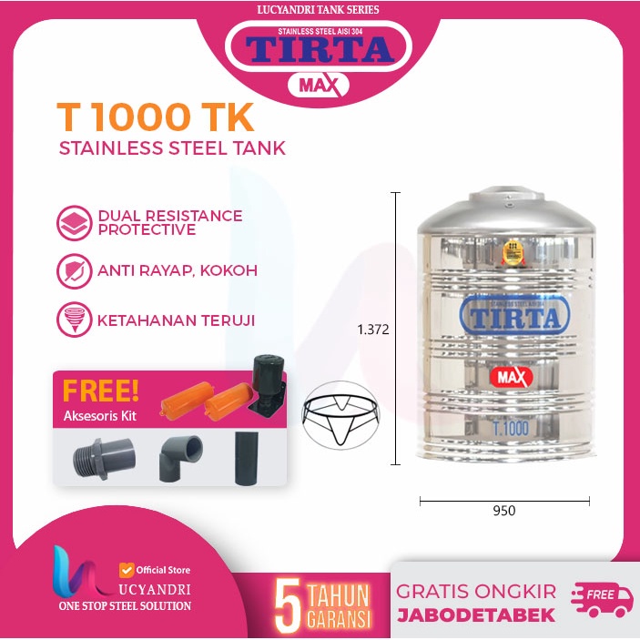 Tangki Air Stainless Steel Tirta T 1000 TK Datar Tandon Toren Air Original