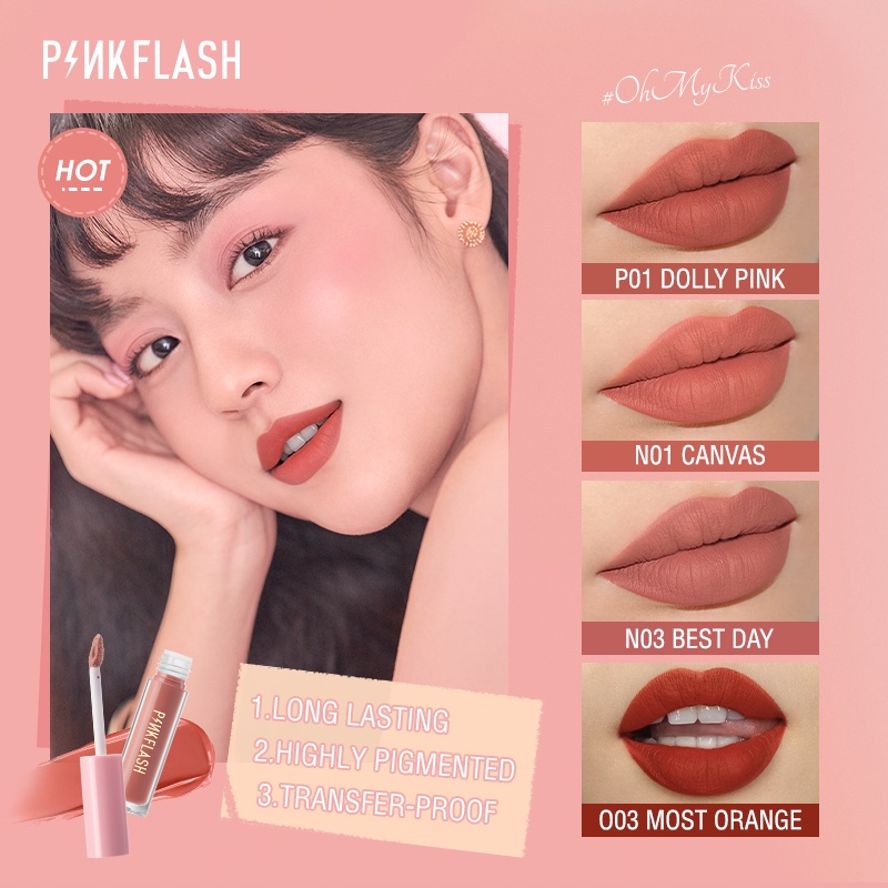 PINKFLASH Matte Lipstik Lembut Tahan Lama Pelembab Pigmentasi Tinggi 21 Colors