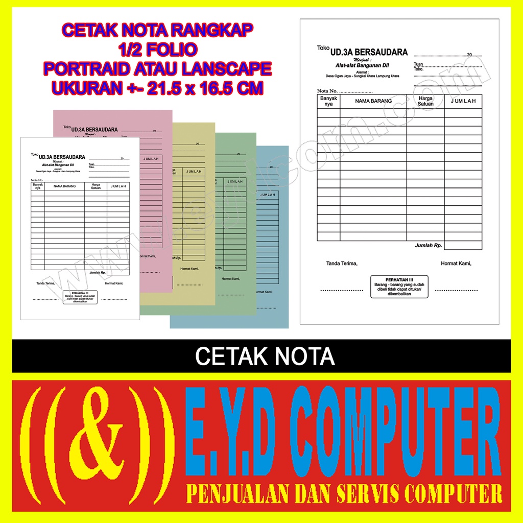 

CETAK NOTA 1 RIM 3 PLY 1 FOLIO BAGI 2 KERTAS NCR COSTUM ISI RANGKAP CEK BON KWITANSI SURAT JALAN