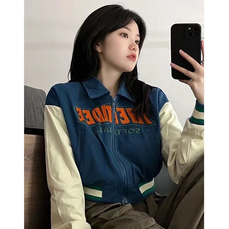 Jaket Baseball Crop Wanita Vintage Jacket Kekinian Korean Style