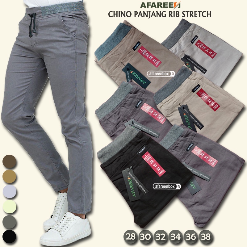 AFAREEN - Celana Chinos Panjang Pria Celana Chino Jumbo Stretch Melar Pinggang Karet Premium Size 27-38