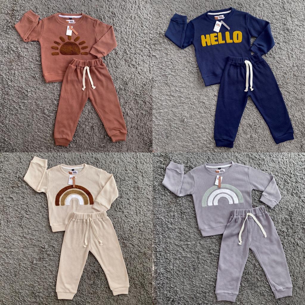 MINIMOLA One Set Bordir Jogger Anak Sweater Knit Waffle Piyama Unisex Setelan Bayi Baju Celana Setcel Laki-laki Perempuan