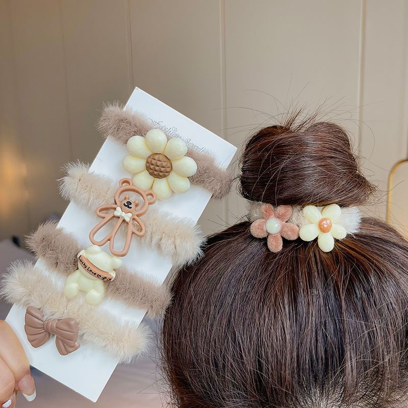 (Hello Girl) F203 Scrunchie Bulu Lucu /Ikat Rambut Bulu Model Bunga Love Beruang Import