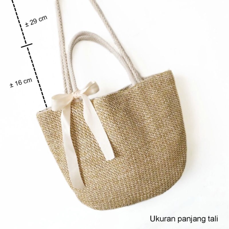 Tas Wanita Pita Serut Anyam TW205 Jerami Woman Straw Woven Bag Rattan Ribbon Boho Style