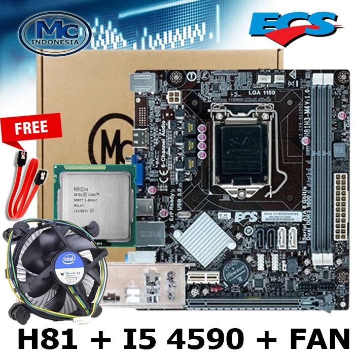 Mobo Mainboard LGA 1150 H81 plus processor i5 dan fan