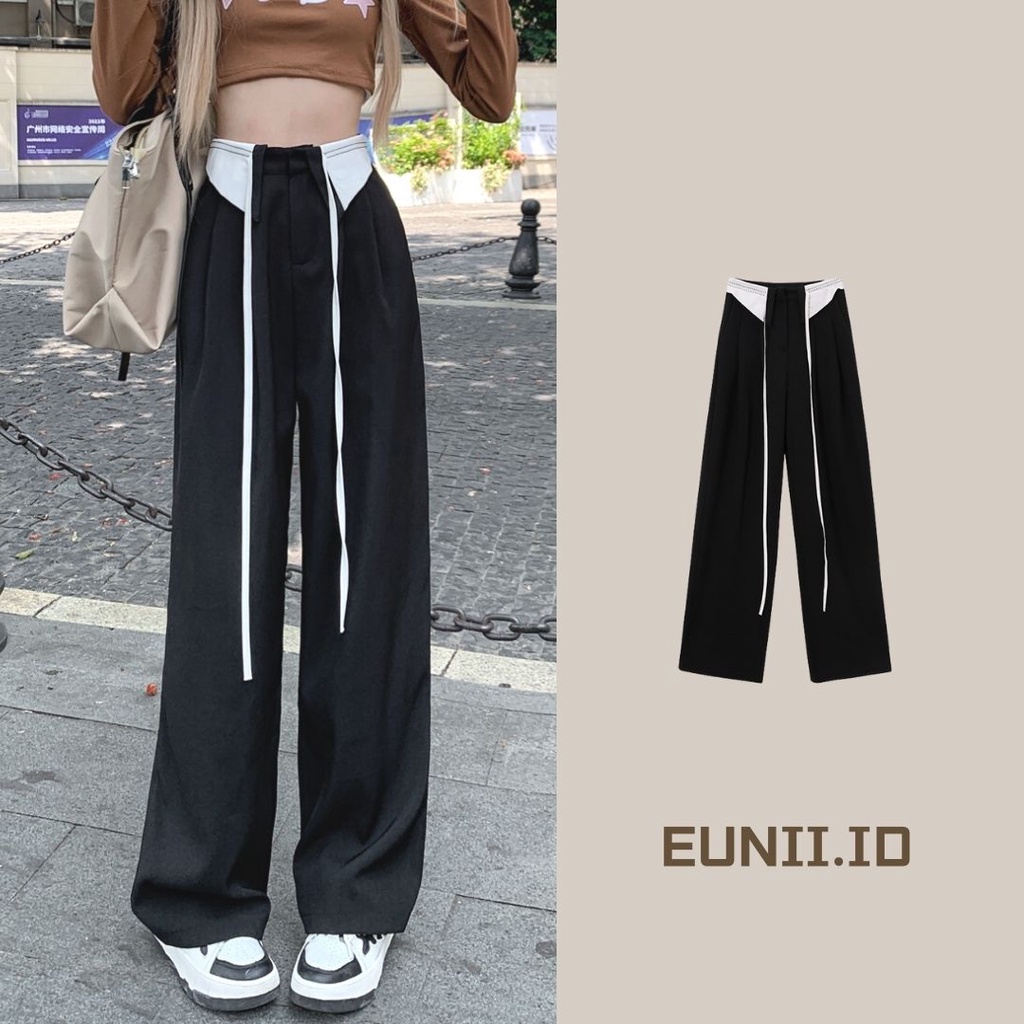 EUNII Celana Kulot Wanita kelapak import Loose Highwaist Pants  Kekinian celana kulot wanita panjang Korean Style