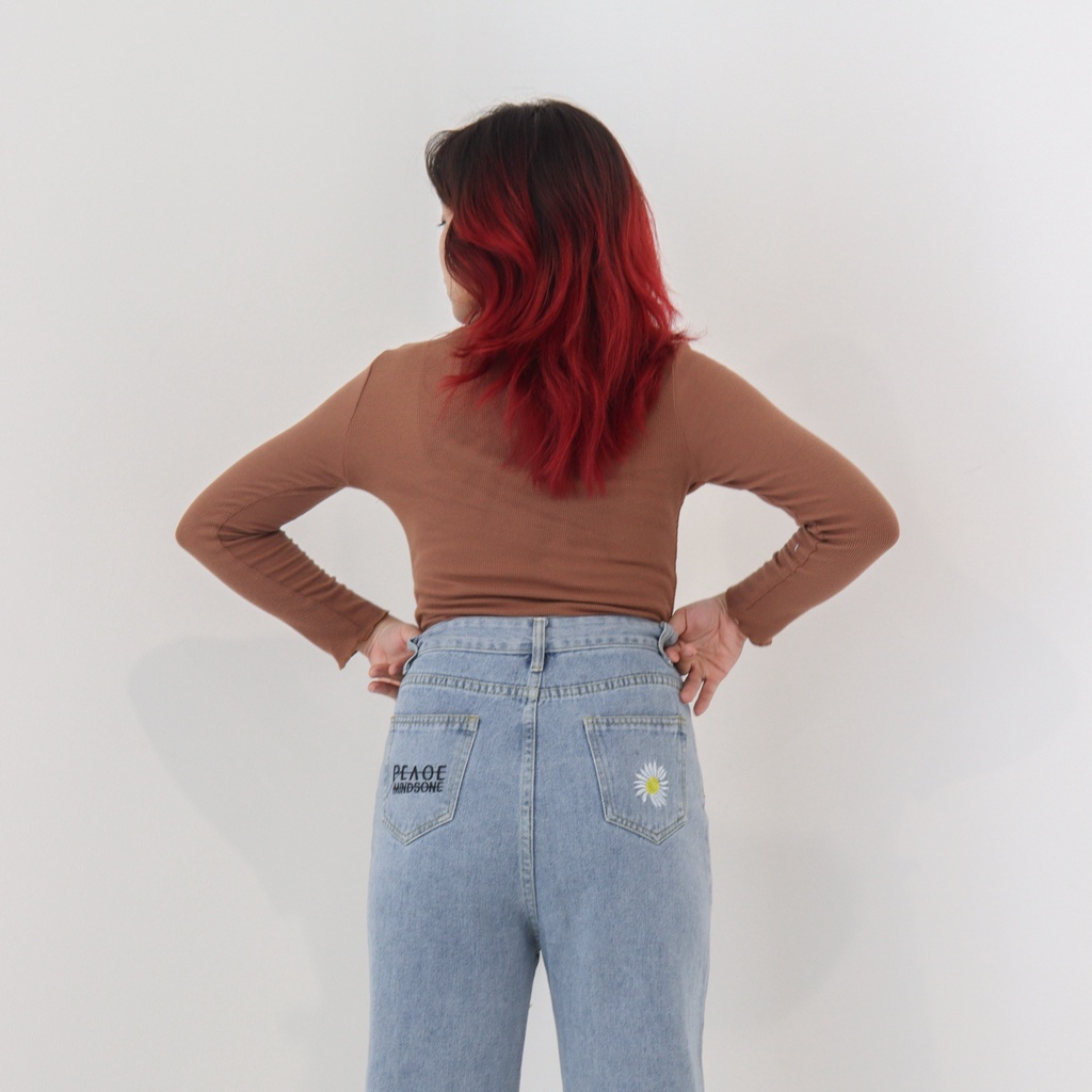 X22 DAISY - Celana Jeans Wanita Korean Mom Jeans Highwaist Demorin