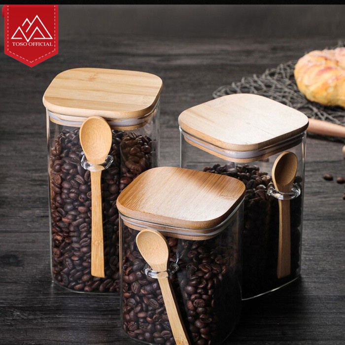 TOPLES KOTAK TUTUP KAYU + SENDOK TOPLES BUMBU DAPUR TOPLES KOPI JAR