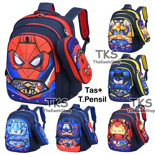 Tas Tempat Pensil Timbul TK Ransel Anak Laki Laki Perempuan Sekolah Kapten Amerika Spidermen Batmen Ironmen