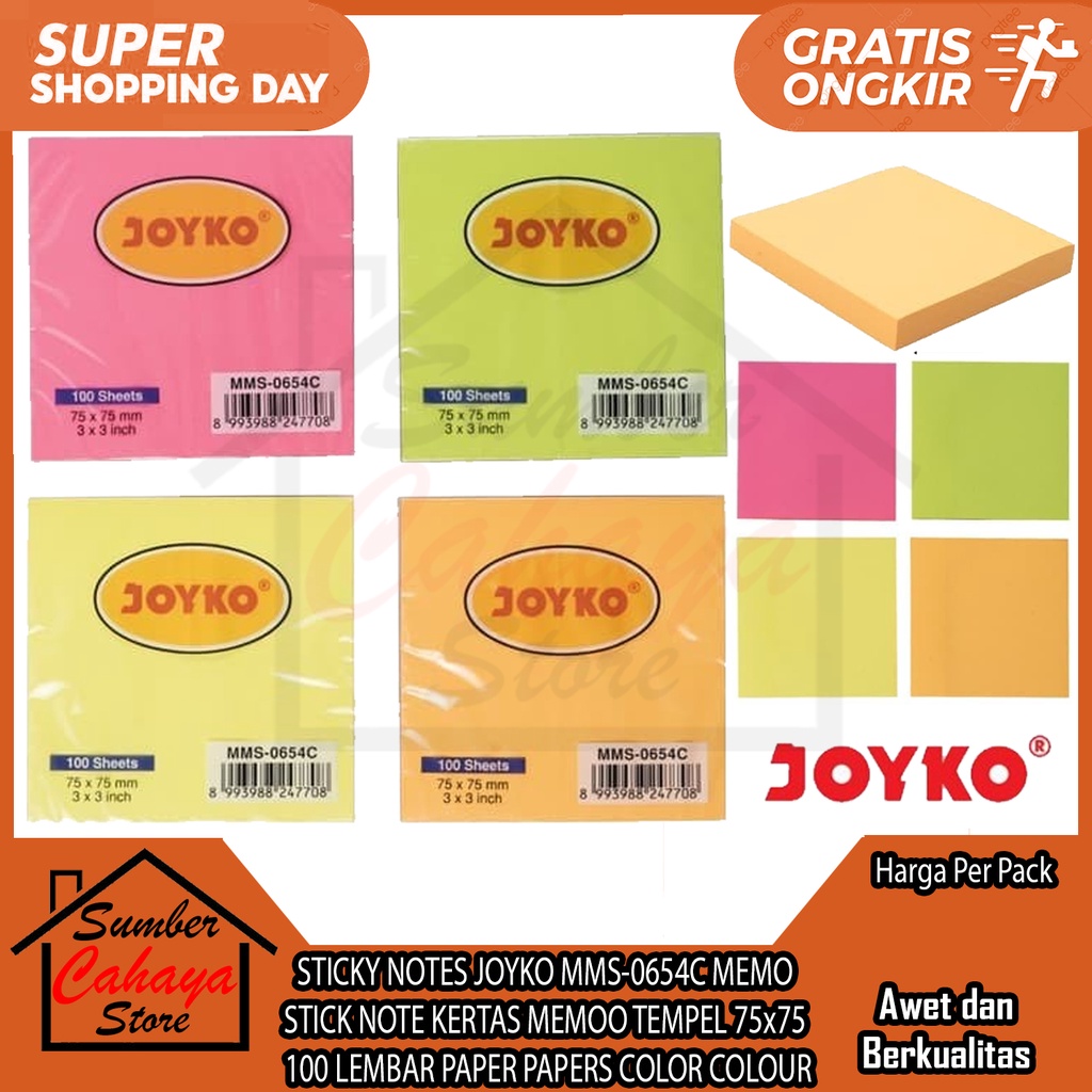 

MEMO STICK NOTES JOYKO MMS-0654C STICKY NOTE KERTAS MEMOO TEMPEL TSN 75x75 100 LEMBAR PAPER PAPERS COLOR COLOUR KERTASS CATATAN PERLENGKAPAN SEKOLAH KERJA KANTOR ATK ALAT TULIS BUKU DINDING STYROFOAM 100 SHEETS HIJAU STABILO ORANGE PINK BIRU MOMEO STIK