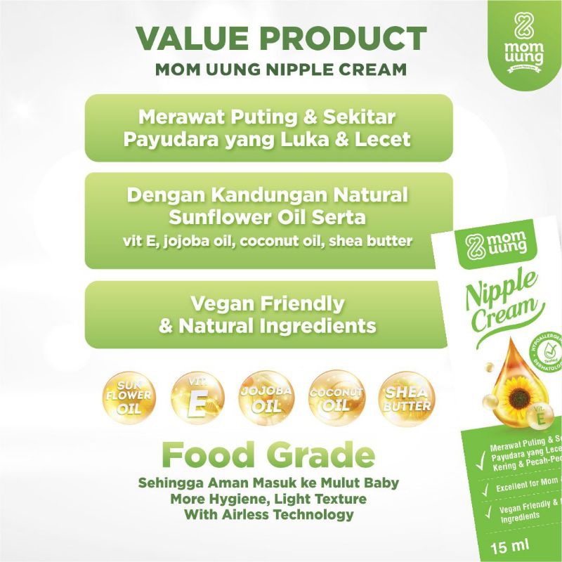 MOM UUNG NIPPLE CREAM NATURAL INGREDIENTS/ KRIM PUTING LECET FOOD GRADE - AMAN MASUK MULUT BAYI