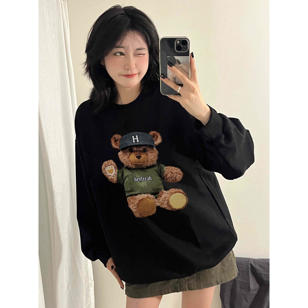 XIAOZHAINV Sweater Oversized Wanita Bear Pattern Lengan Panjang Korean Style