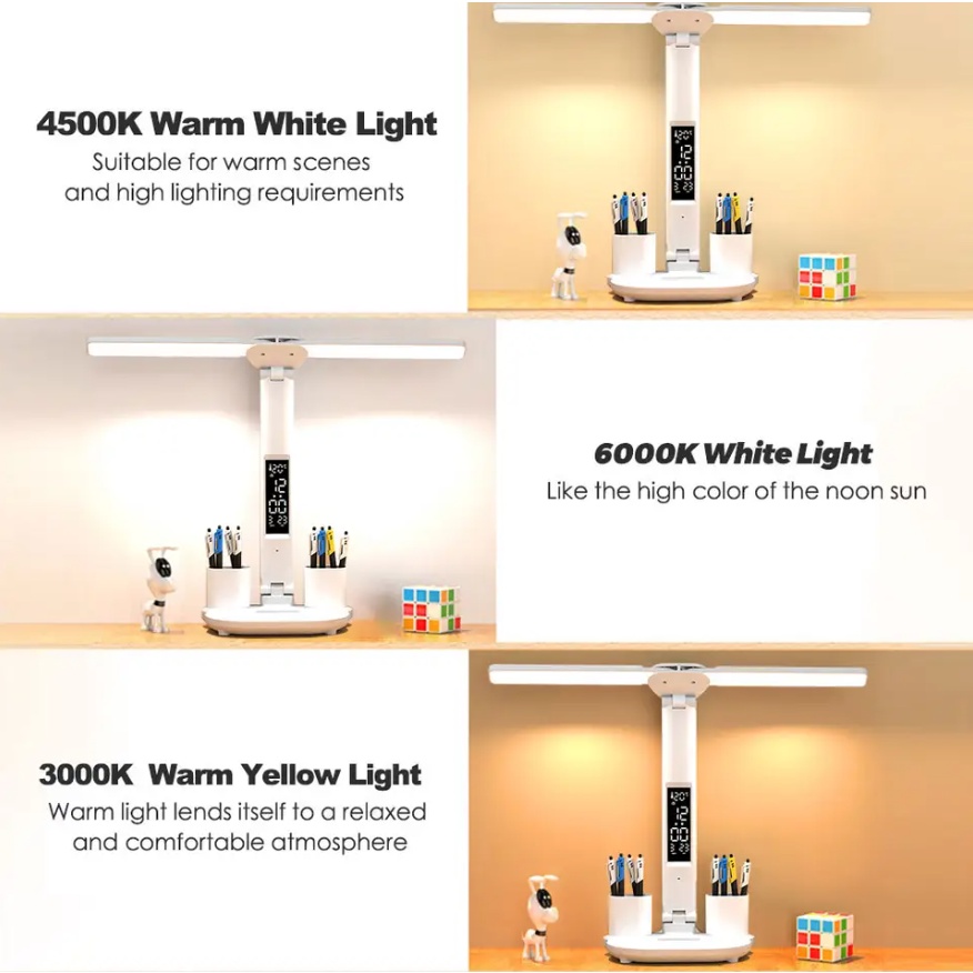 Foldable LED Desk Lamp Multifunction Table Lamp with Calendar Touch Night Light with Pen Holder for Bedroom Study Reading Lamp
