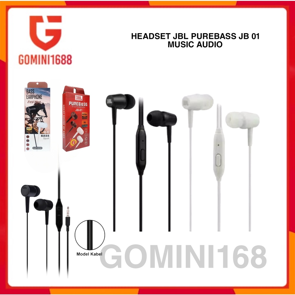 Headset JBL Purebass JB-01 Hitam Putih Hf Music Audio JB01 Earphone