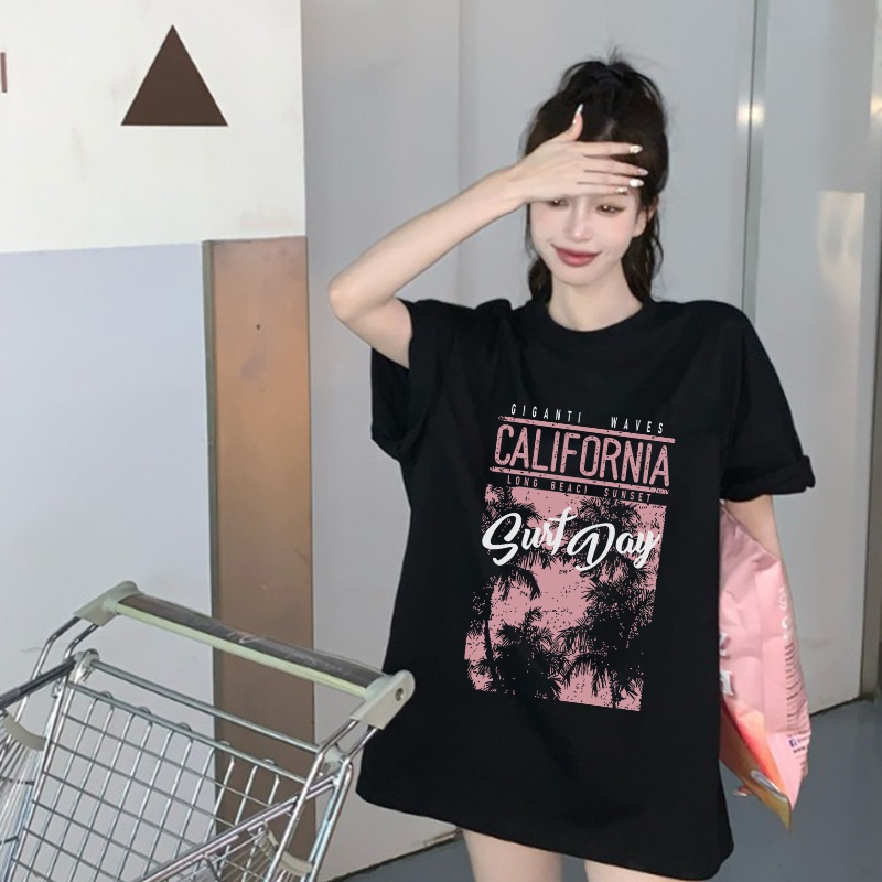 Print T-shirt Kaos Lengan Pendek Vintage Pink ShutDown Baju Wanita Oversize Korean Style