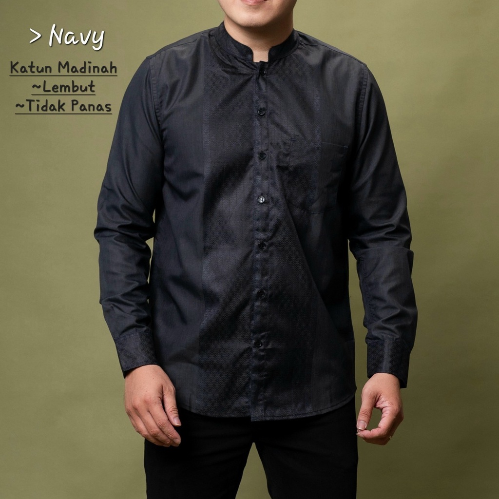 Timofey Kemeja Atasan Baju Koko Pria Lengan Panjang Slim Fit Premium Hem Lebaran Biru Navy