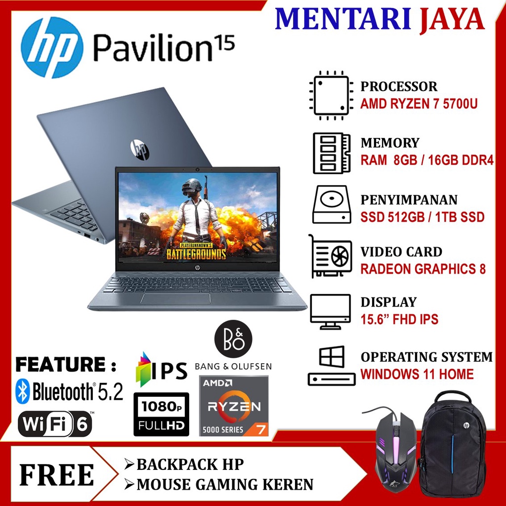 PROMO LAPTOP GAMING HP PAVILION 15 RYZEN 7 5700 RAM 8GB SSD 512GB AMD RADEON 8 FHD IPS WINDOWS 11 BLUE