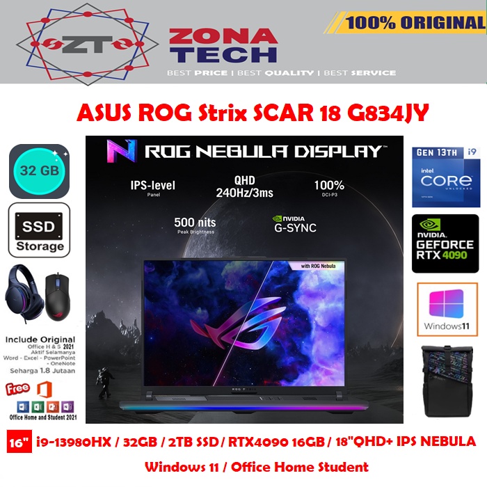 ASUS ROG Strix SCAR 18 G834JY - i9-13980HX - 32GB - 2TB SSD - NVIDIA RTX4090 16GB - 18&quot;QHD+ IPS 240Hz - W11 - OHS