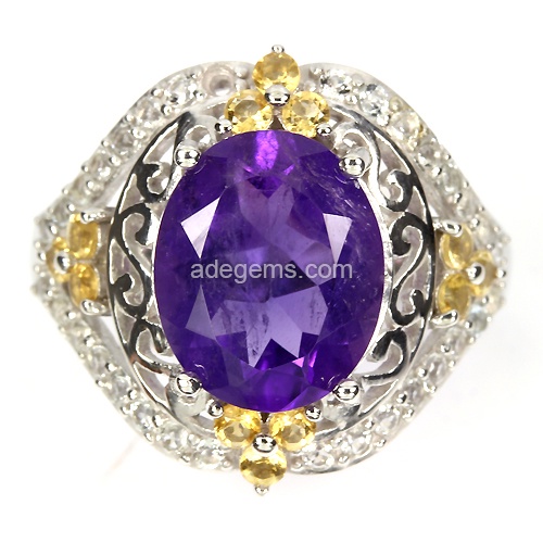 JWR-008 Cincin Wanita Perak Berlapis Emas Putih Batu Permata Amethyst Kecubung Ungu, Citrine Kuning 