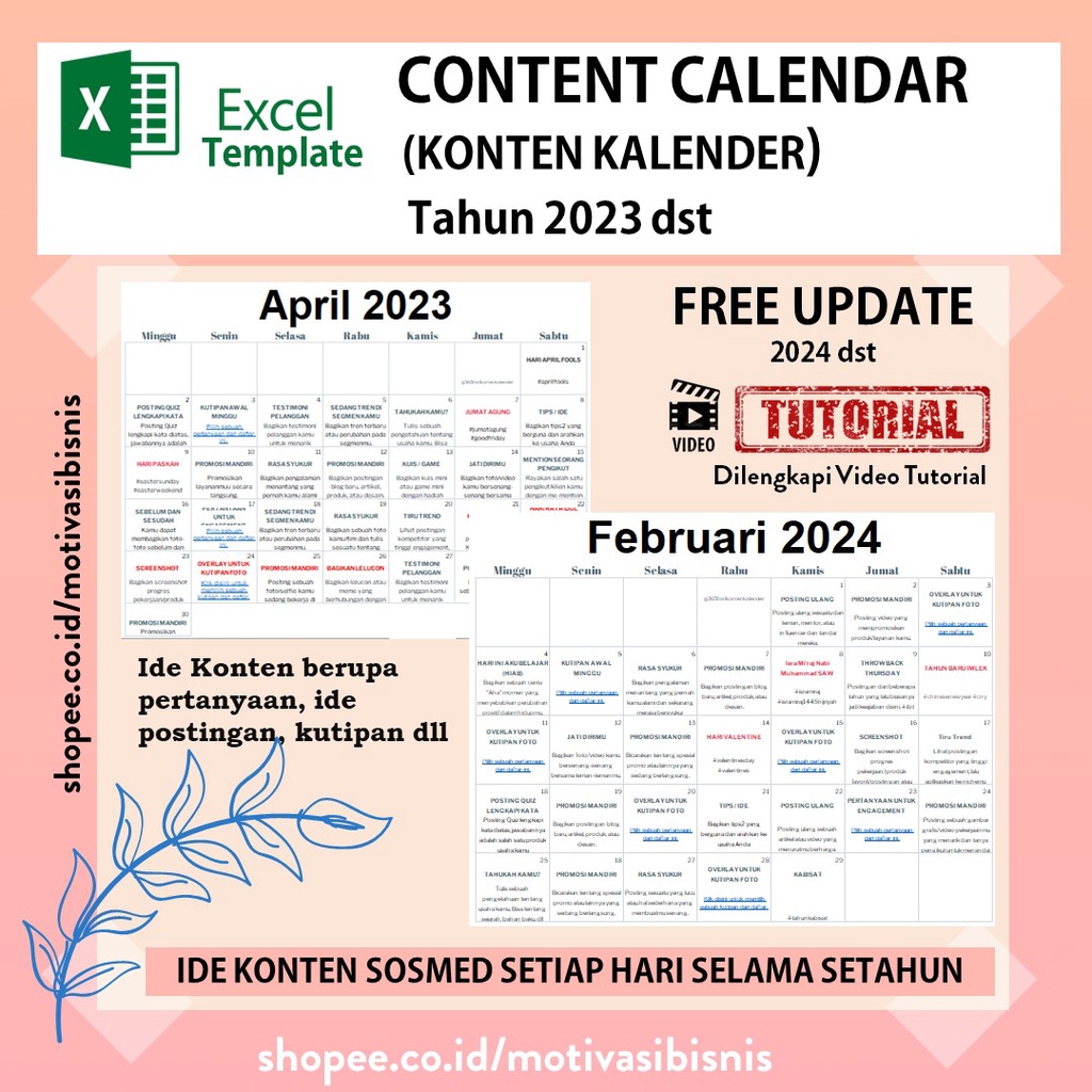 

Konten Kalender 2023 - 2024- Content Calendar - Jadwal - Ide - Template Postingan Lengkap