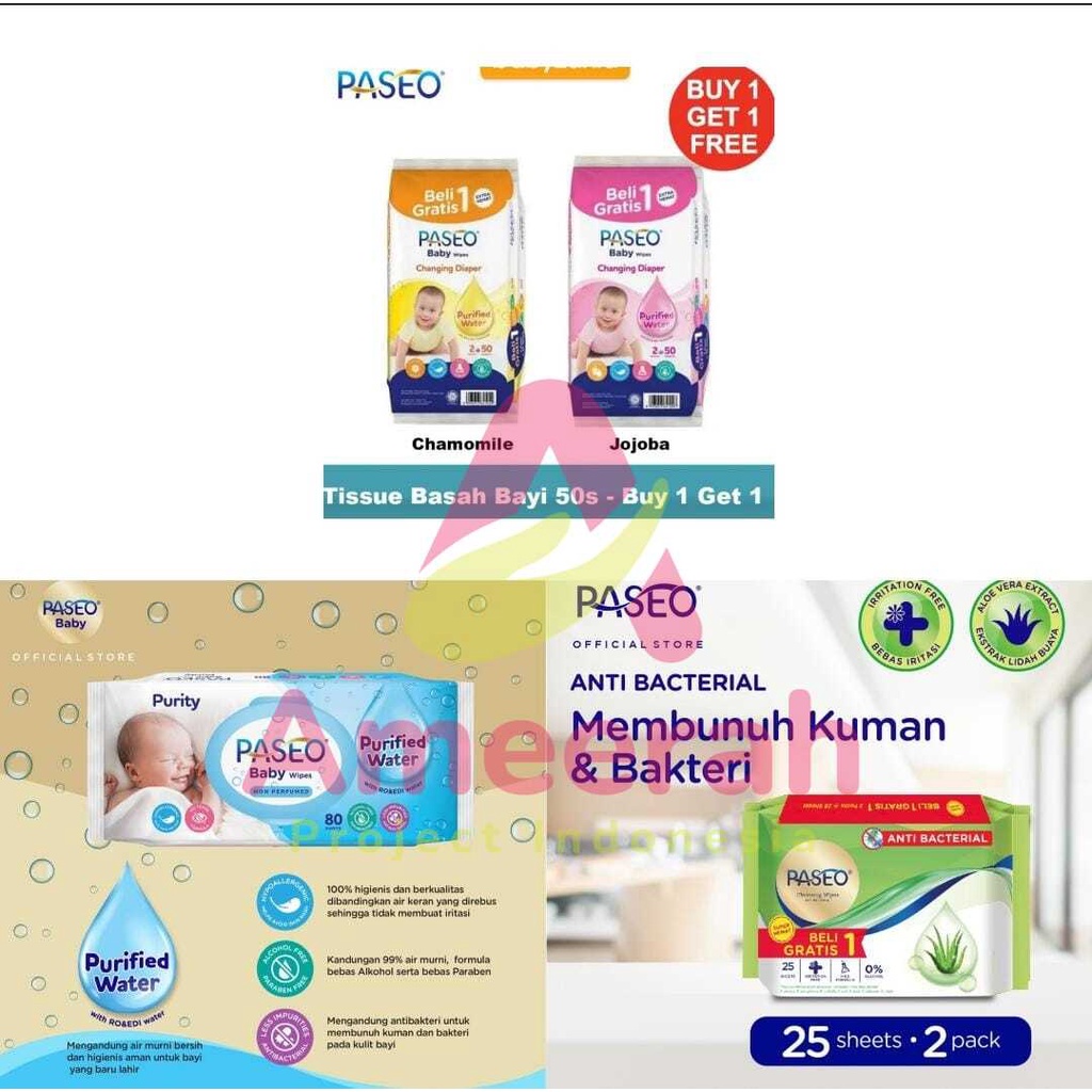 Paseo Tissue Basah Bayi / Baby Wet Wipes BUY ONE GET ONE ANTI BAKTERI PURIFIED WATER 80'S