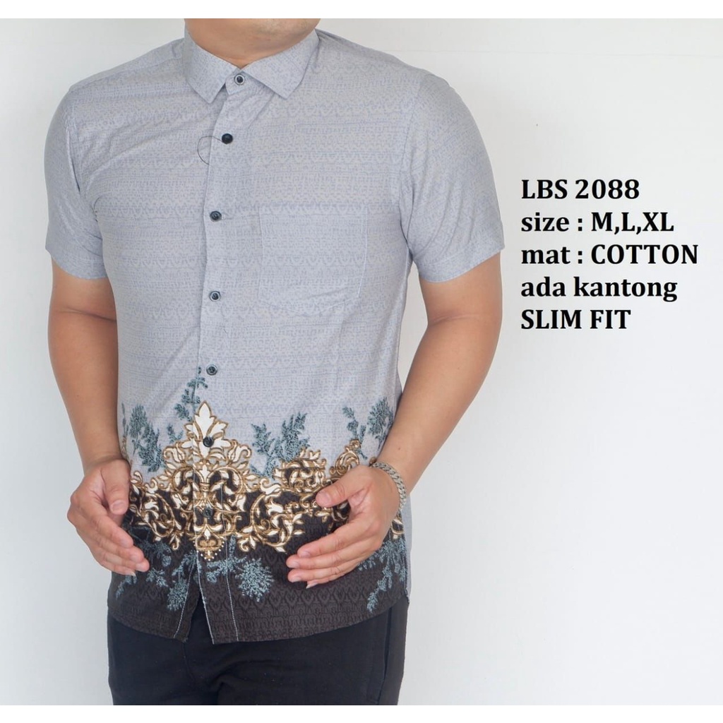 Batik Bule Kemeja Batik Slimfit Pendek Motif Casual Warna Baby blue LBS 2088