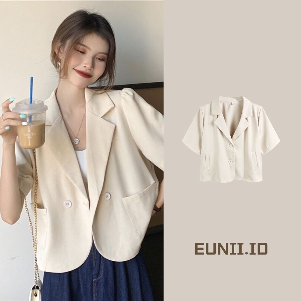 EUNII Blezer Wanita Lengan Pendek Kasual Crop Top Baju Wanita Korean Style