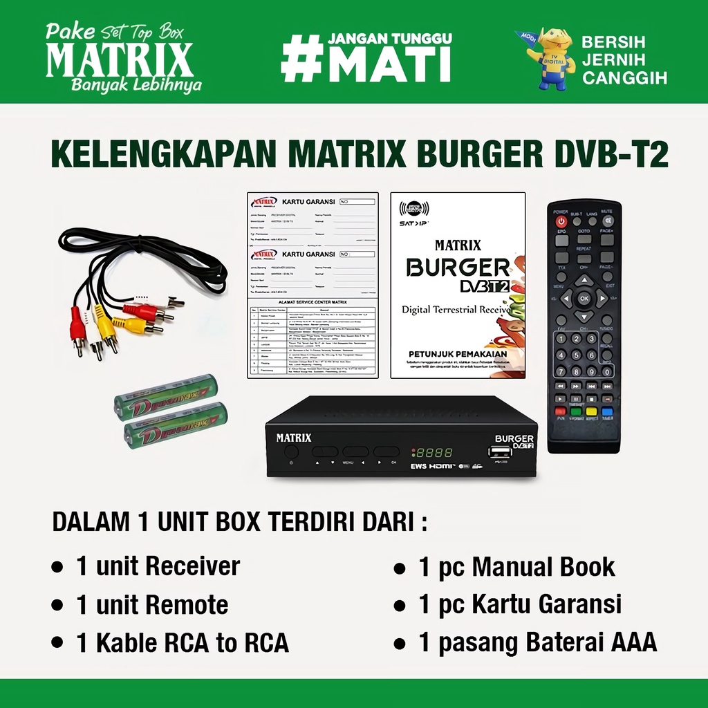 MATRIK STB-SET TOP BOX DVBT2 RECEIVER MATRIX BURGER HIJAU HD